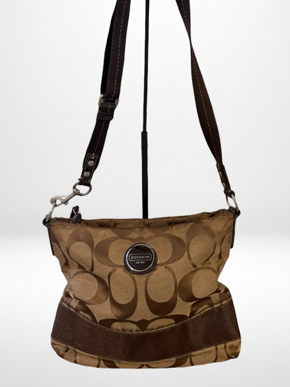 COACH Signature Stripe Hobo Shoulder Bag Brown Jacquard Canvas Leather Project